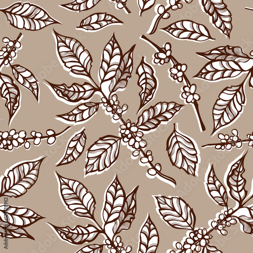 Seamless pattern with coffee plants. Branches with leaves and coffee beans in brown colors. Hand drawn. 