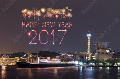 2017 New Year Fireworks over marina bay in Yokohama City, Japan photo