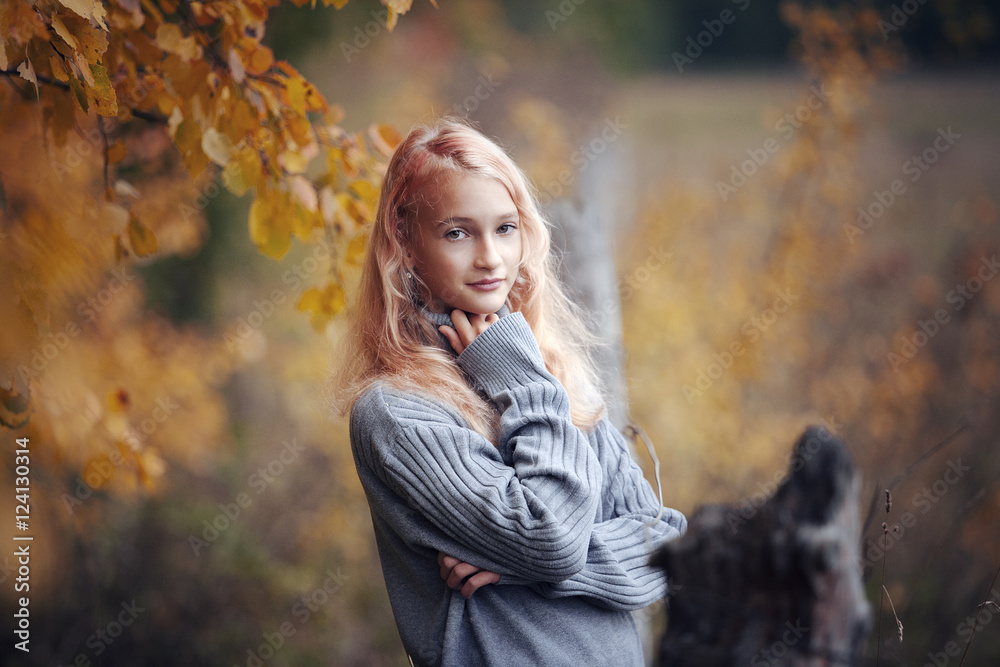 The little girl in the autumn forest The little girl in the autumn forest