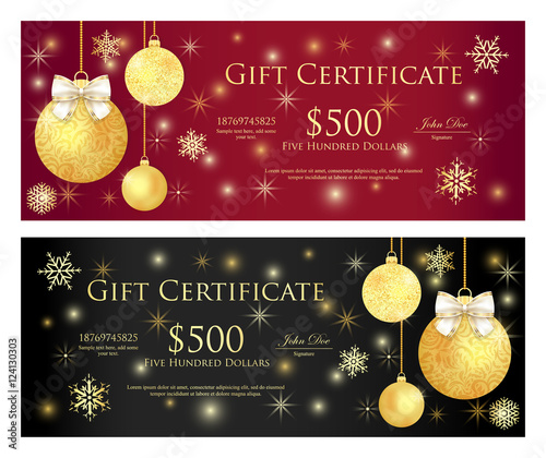 Red and black gift certificate with golden Christmas balls and sparkling background