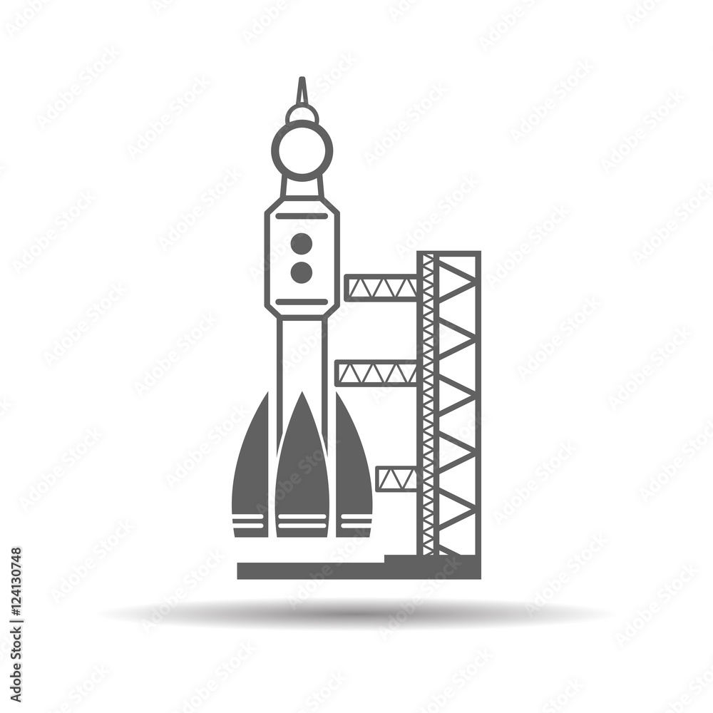 black launch site with rocket, spaceport icon, vector illustrati