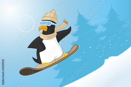 Penguin snowboarding in the mountain snow winter vector cartoon illustration