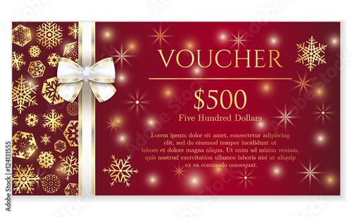 Luxury red Christmas voucher with golden snowflakes and white ribbon