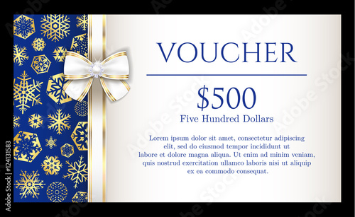 Luxury Christmas voucher with golden snowflakes on blue background and with white ribbon
