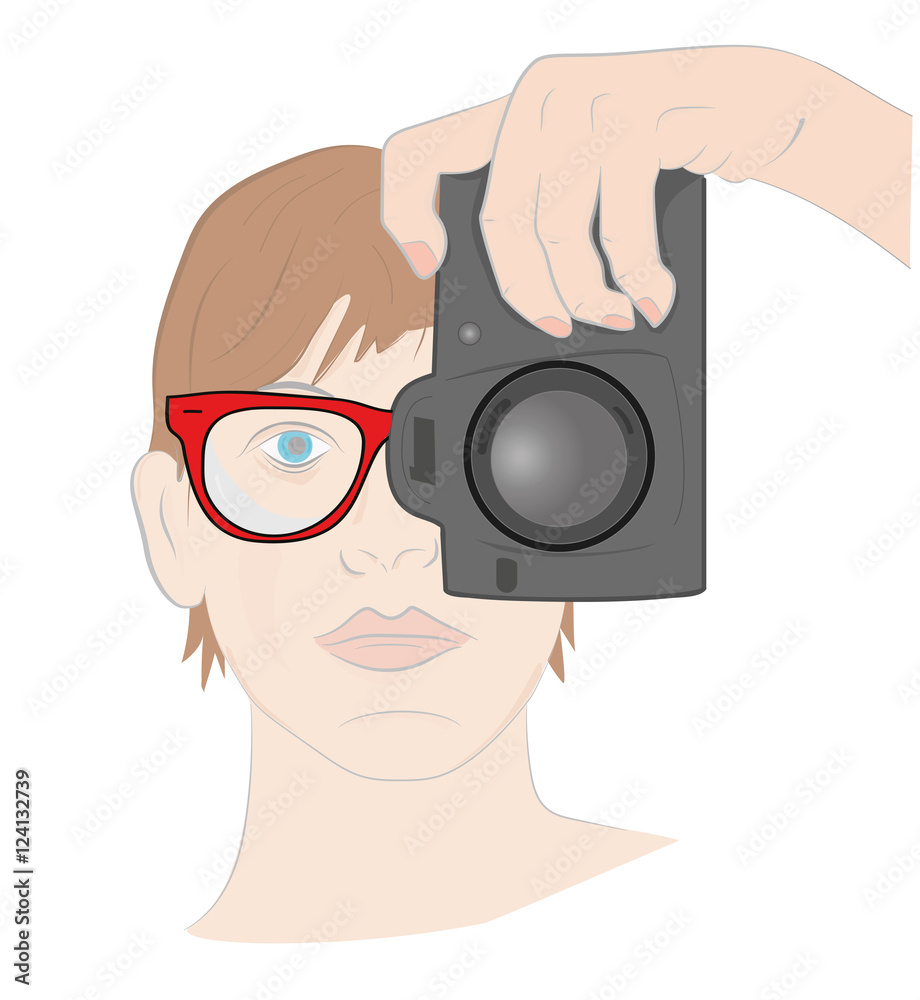 girl photographer looks through the camera lens. vector illustration girl photographer looks through the camera lens. vector illustration