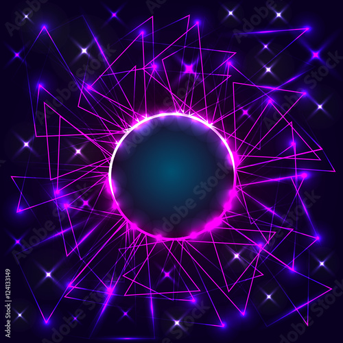 Purple neon circle with triangles. Vector futuristic technical b