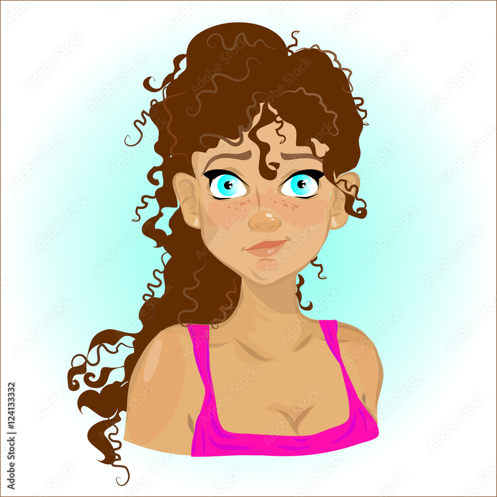 Cartoon surprised girl with brown curly hair. Woman character. Stock Vector  | Adobe Stock