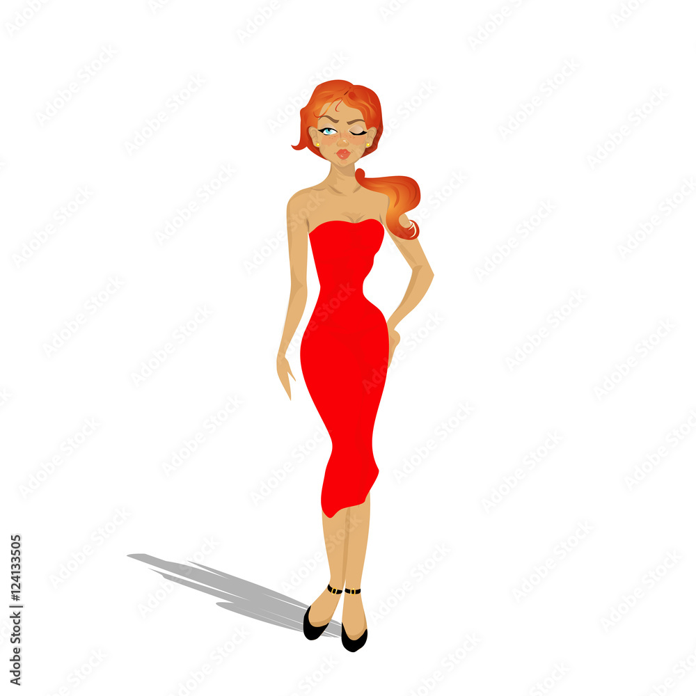 Sexy girl in red dress. Cartoon character of young woman. Girl Stock Vector  | Adobe Stock