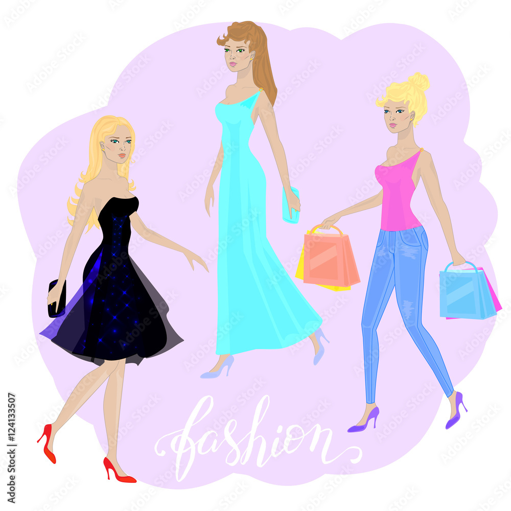 Set of girls in different styles, in different clothes. Fashion,