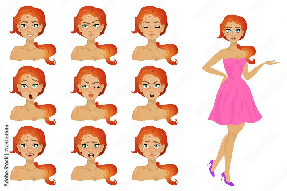 Cartoon character of attractive young woman on nine different fa Cartoon character of attractive young woman on nine different fa