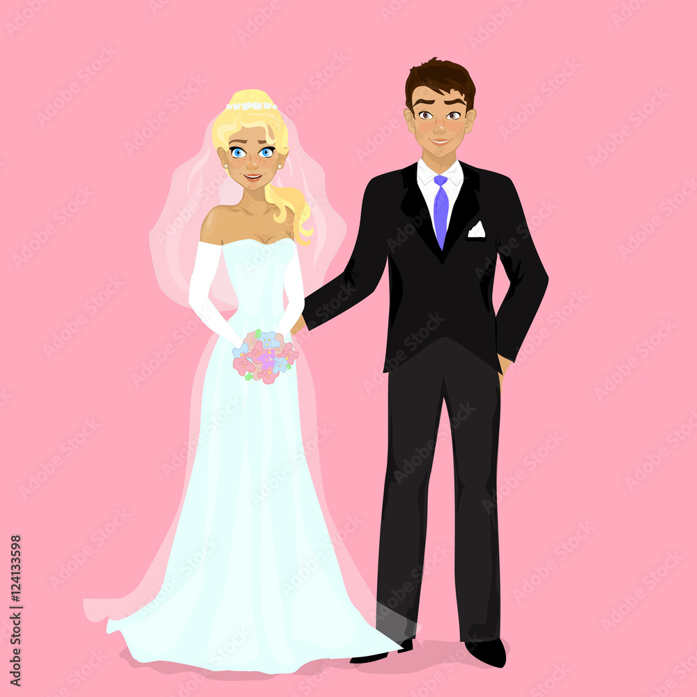 Cartoon illustration of young happy newlyweds bride and groom on Cartoon illustration of young happy newlyweds bride and groom on