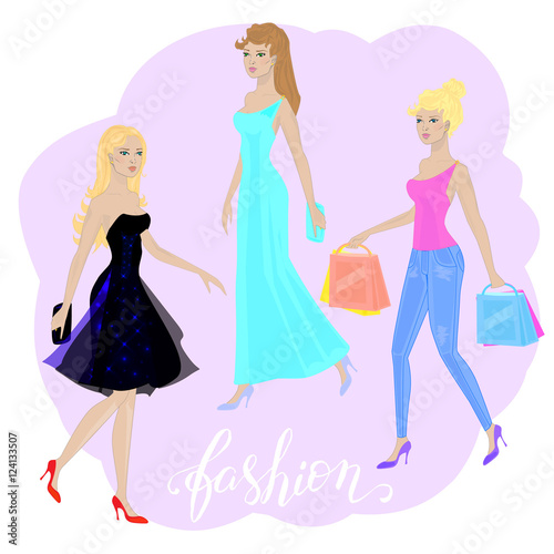 Set of girls in different styles  in different clothes. Fashion 