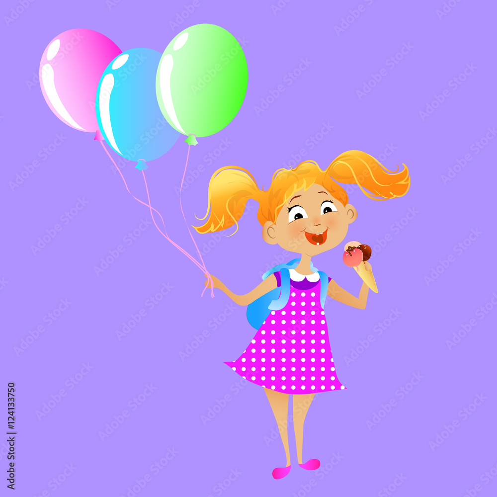 Cartoon illustration of cute girl pupil. Happy girl eating ice Cartoon illustration of cute girl pupil. Happy girl eating ice