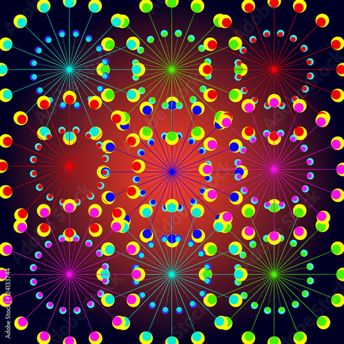Circular pattern of colored motifs, snowflakes on dark backgroun