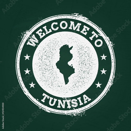 White chalk texture retro stamp with Republic of Tunisia map on a green blackboard. Grunge rubber seal with country outlines, vector illustration.