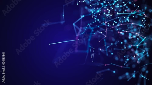 3D render of molecular structure and communication concept on dark blue background. Connected color lines with dots. Concept of the science, connection, chemistry, biology, medicine, technology.