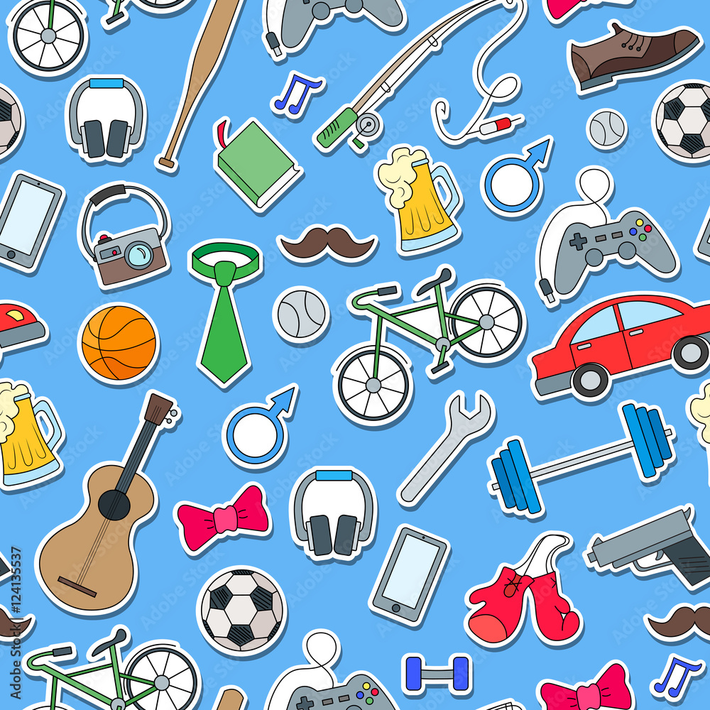 Seamless pattern on the theme of male Hobbies and habits,simple hand-drawn icons on blue background Seamless pattern on the theme of male Hobbies and habits,simple hand-drawn icons on blue background