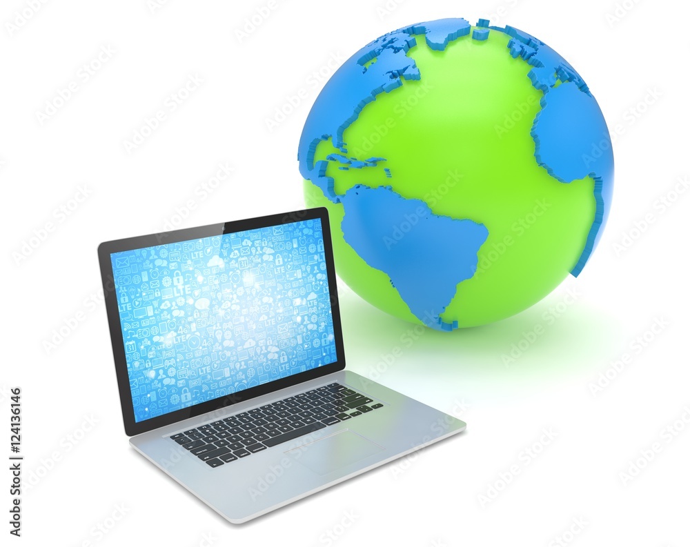 Laptop network and earth globe. 3d render Laptop network and earth globe. 3d render