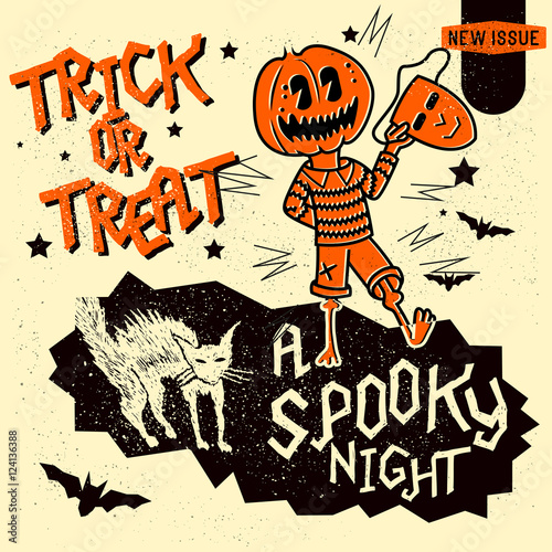 Set of retro vintage halloween design elements including signs, lettering and hand drawn characters. Vector illustration