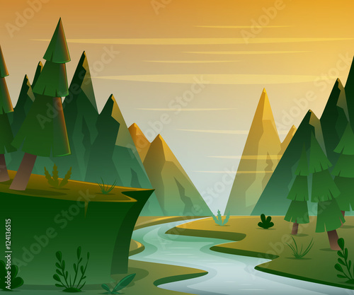 Cartoon forest landscape with mountains, river and fir-trees. Sunset or sunrise scenery background. Vector illustration.