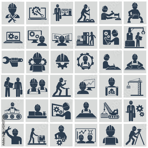 Engineer construction equipment machine operator managing and manufacturing icons flat set isolated vector illustration