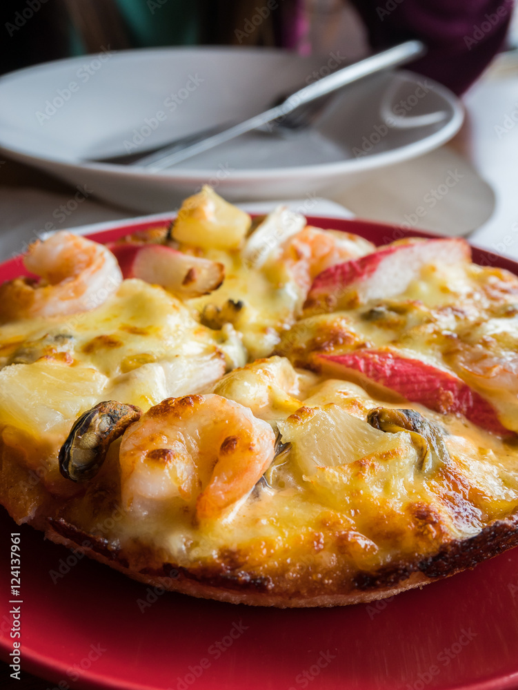 Still-life seafood pizza at italian restaurant. Still-life seafood pizza at italian restaurant.