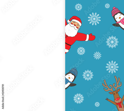 Christmas card with Santa, Reindeer, Penguins. Greeting card for winter holidays. Vector © switchpipi