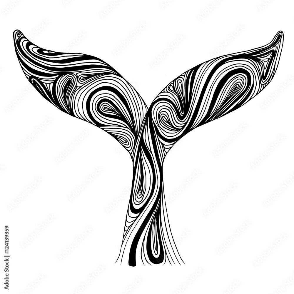 Fototapeta premium Whale tail. Freehand sketch. Ornament artistic vector illustration for tattoo, t-shirt print. Sea, ocean animal collection. 