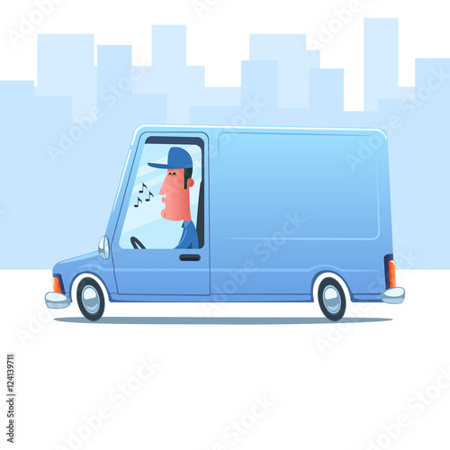 Cartoon whistling man driving a service van against the background of city. © zhitkov