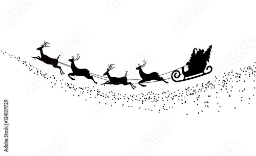 silhouette Santa Claus flying with deer
