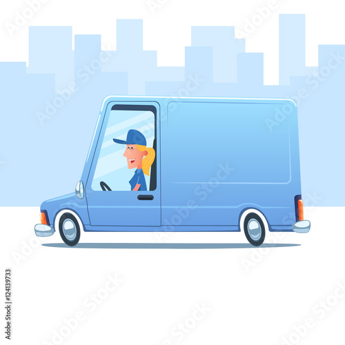 Cartoon smiling woman driving a service van against the background of city.