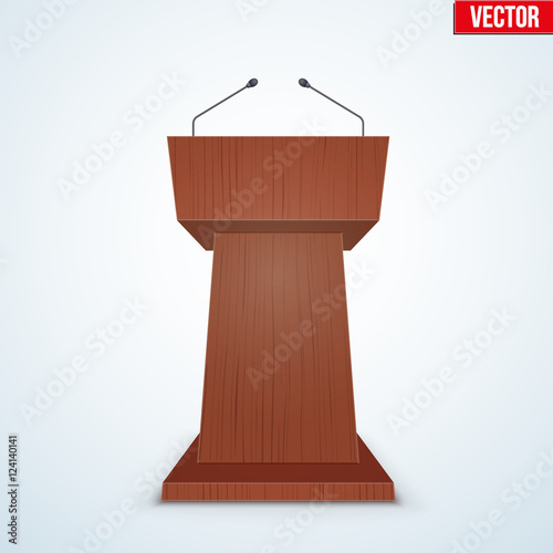 Wooden Podium Speaker Tribune with Microphones. Speech symbol. Vector Illustration Isolated on Background.