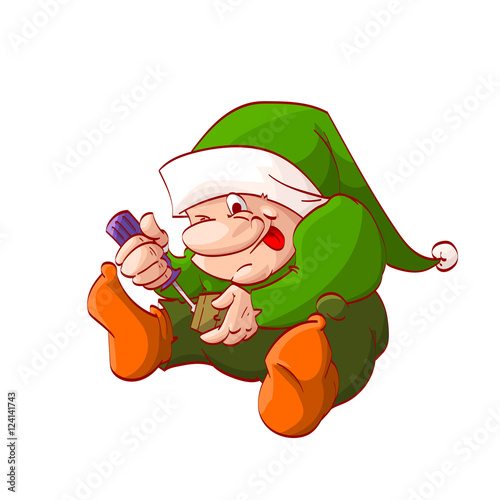 Colorful vector illustration of a cartoon christmas elf or dwarf, fixing or building toy with screwdriver