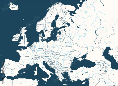 Europe high detailed vector political map with rivers. All elements separated in detachable and labeled layers