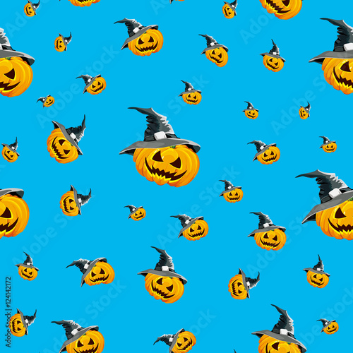 Seamless background for the holiday Halloween pumpkin with hat  light blue color.