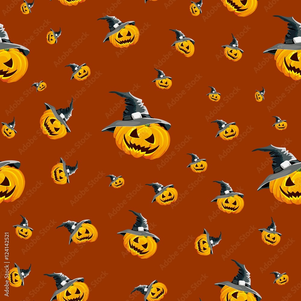 Seamless background for the holiday Halloween pumpkin with hat, color brown.