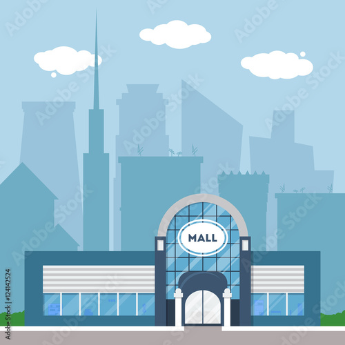 Flat supermarket. Shopping mall building with green trees and grass. City background for card, banner, real estate, poster or postcard. Market shop place. Business marketing. Vector illustration.