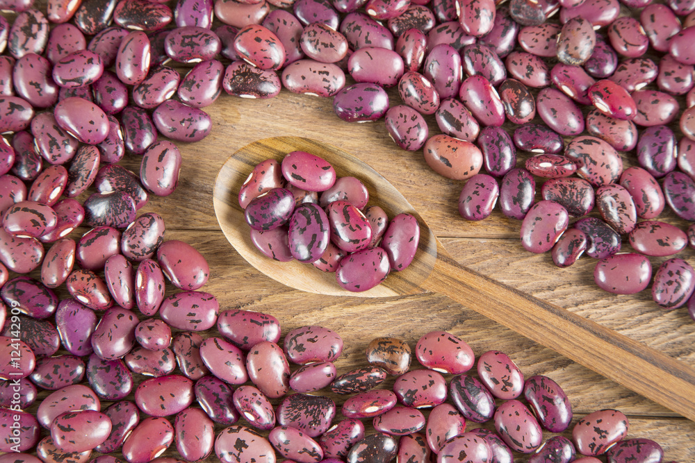 Pinto beans on wooden spoon (Phaseolus vulgaris)
