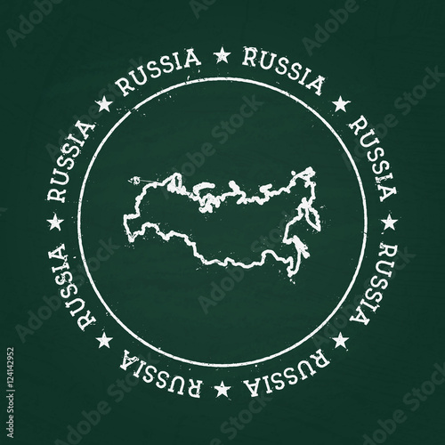 White chalk texture rubber seal with Russian Federation map on a green blackboard. Grunge rubber seal with country outlines, vector illustration.