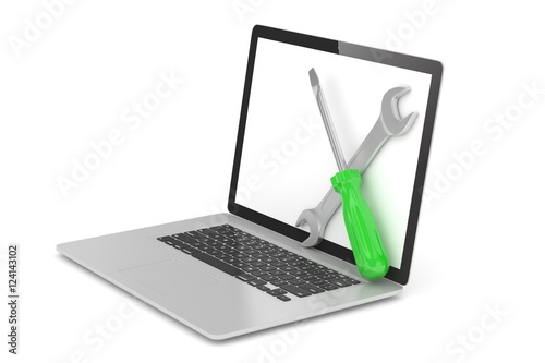 3D Illustration Wrench and screwdriver on laptop, service concept