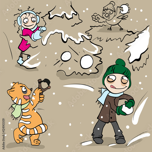 Boy and girl playing snowballs