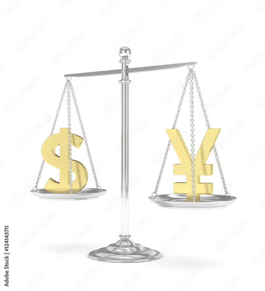 Isolated old fashioned pan scale with dollar and yuan,yen on white background. American and chinese and japanese currency. Currency equality. 3D rendering. Isolated old fashioned pan scale with dollar and yuan,yen on white background. American and chinese and japanese currency. Currency equality. 3D rendering.