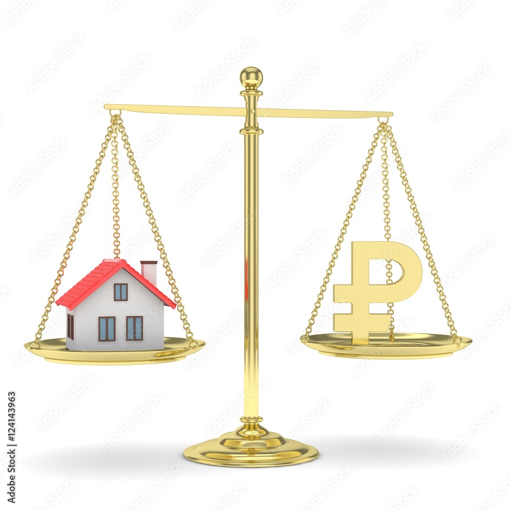 Isolated old fashioned pan scale with ruble and house on white background. Real estate vs russian currency. Affordable house. 3D rendering. Isolated old fashioned pan scale with ruble and house on white background. Real estate vs russian currency. Affordable house. 3D rendering.