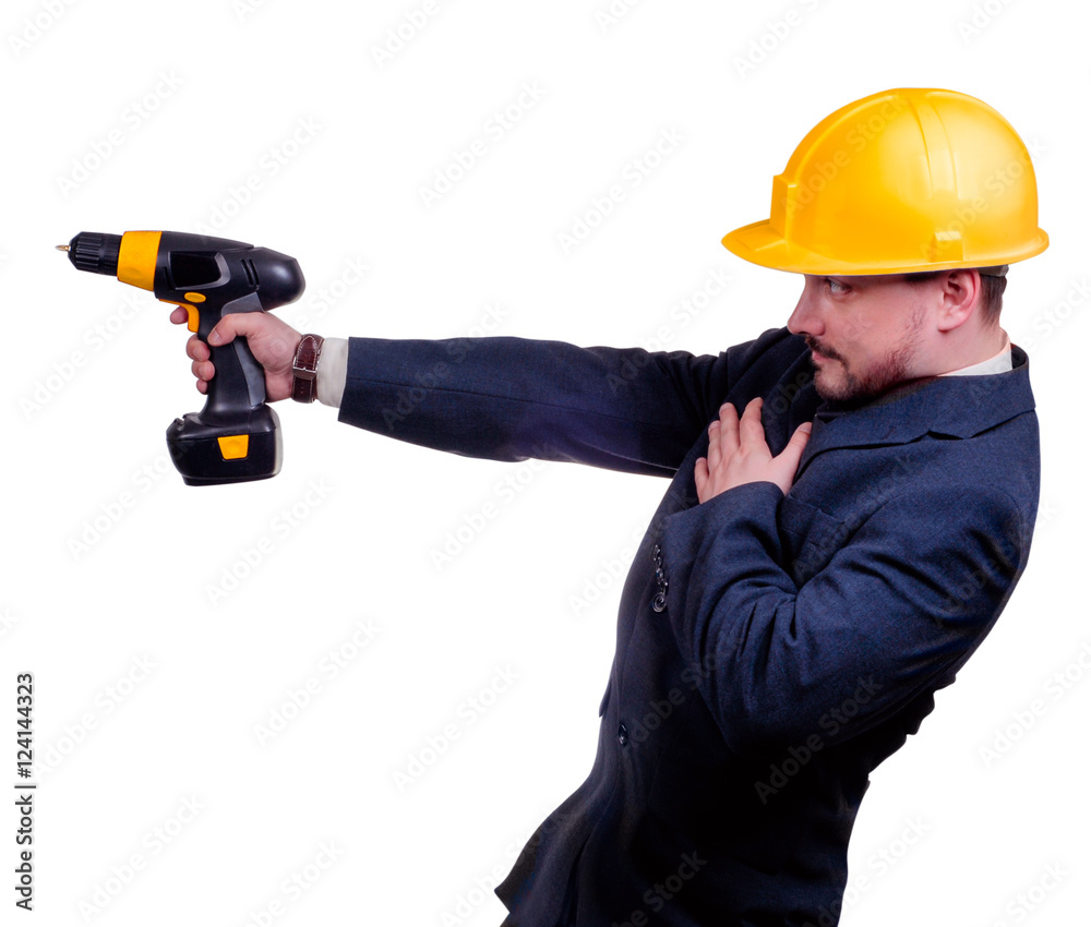 Man with a drill isolated on white background Man with a drill isolated on white background