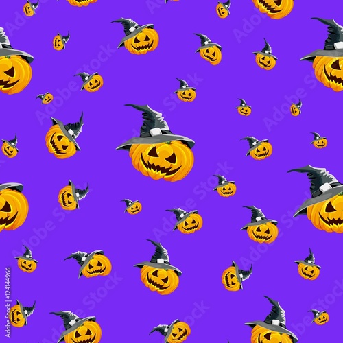 Seamless background for the holiday Halloween pumpkin in the hat  the color purple.