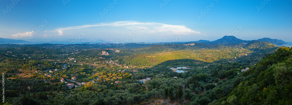 Panorama of valley with villages on Corfu island, Greece