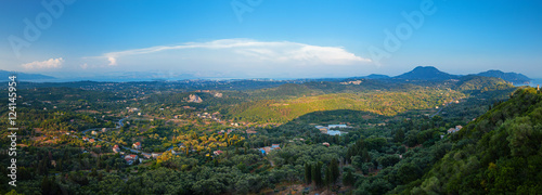 Panorama of valley with villages on Corfu island, Greece