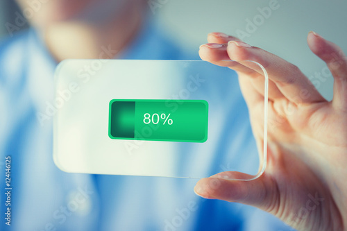 close up of woman with transparent smartphone