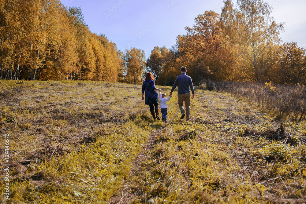 Fototapeta premium Family holding hands go in a forest.