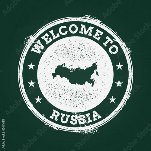 White chalk texture retro stamp with Russian Federation map on a green blackboard. Grunge rubber seal with country outlines, vector illustration.